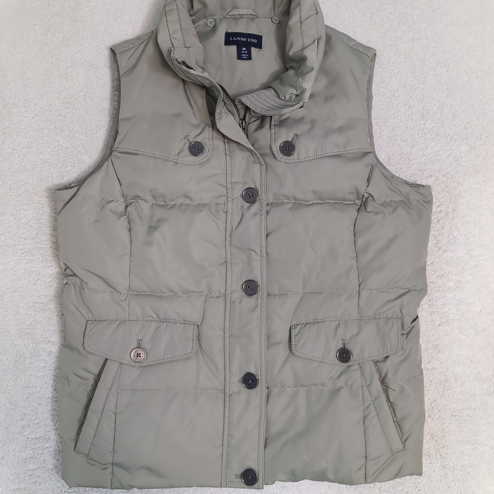 Lands End Women's Med‎ Down Puffer Vest Full Zip Light Green Pockets